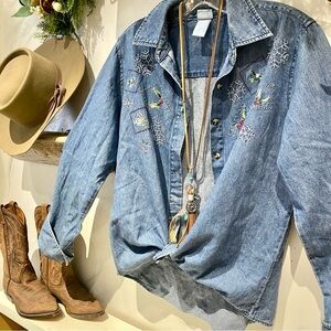 Upcycled chalet snowflake floral embroidered denim boho shirt country cabin vibe